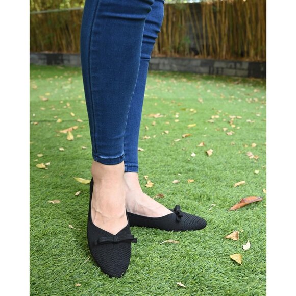 Black Suede Flats Bow Knit Round Toe Comfortable Ballet Flats for Office Work - Picture 9 of 10